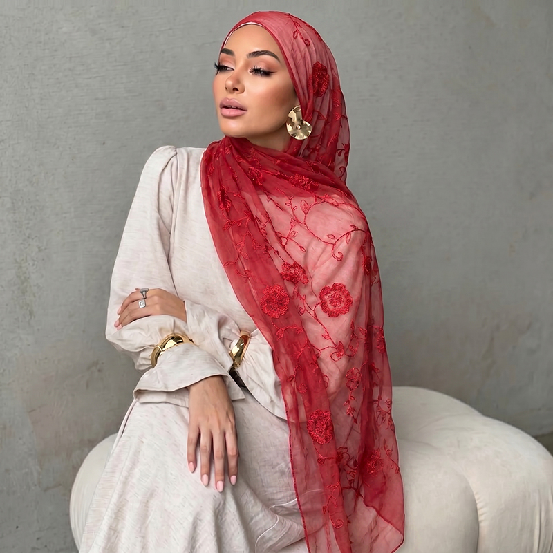 Embroidery Shawl - Floral Embroidery Muslim Hijab Sheer Scarf