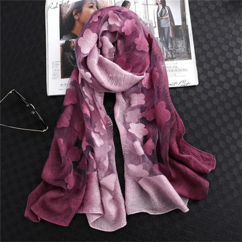 Embroidery Shawl - Women Simulation Silk Cut Flower Scarf